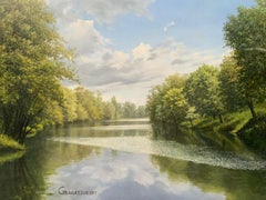 GRANATOUROFF - SIGNED RUSSIAN REALIST OIL PAINTING - TRANQUIL RIVER LANDSCAPE