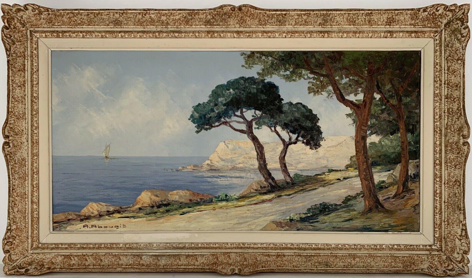 Landscape Painting A Abougit - HUGE PIÈCE D'OREILLE FRANÇAISE SIGNÉE D' IMPRESSIONNISTE DES ANNÉES 1950 - COTE D'AZUR TRANQUIL COASTLINE