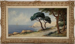 HUGE FRENCH 1950'S IMPRESSIONIST SIGNED OIL - COTE D'AZUR TRANQUIL COASTLINE