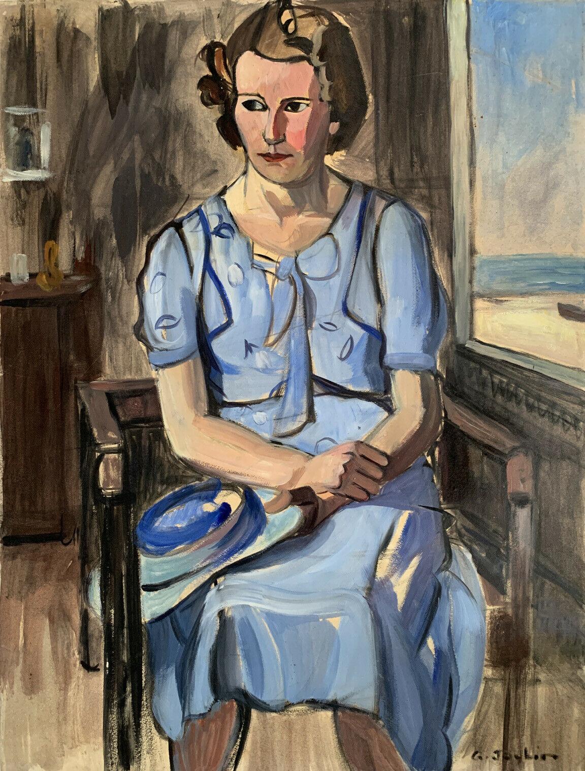 GEORGES JOUBIN (1888-1983) Interior Painting - 1950's French Oil Young Lady Portrait in Blue Dress with Window out to Beach