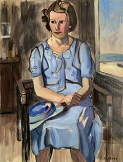 Portrait à l'huile français d'une jeune femme en robe bleue avec fenêtre vers la plage:: années 1950