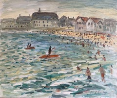 Beach Scene with Crowds and PaddleBoarders - Brittany Coastline France Signed