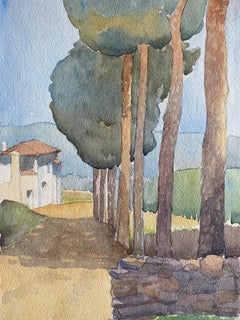 1900's English Impressionist Watercolor Painting Tuscany Pathway Landscape
