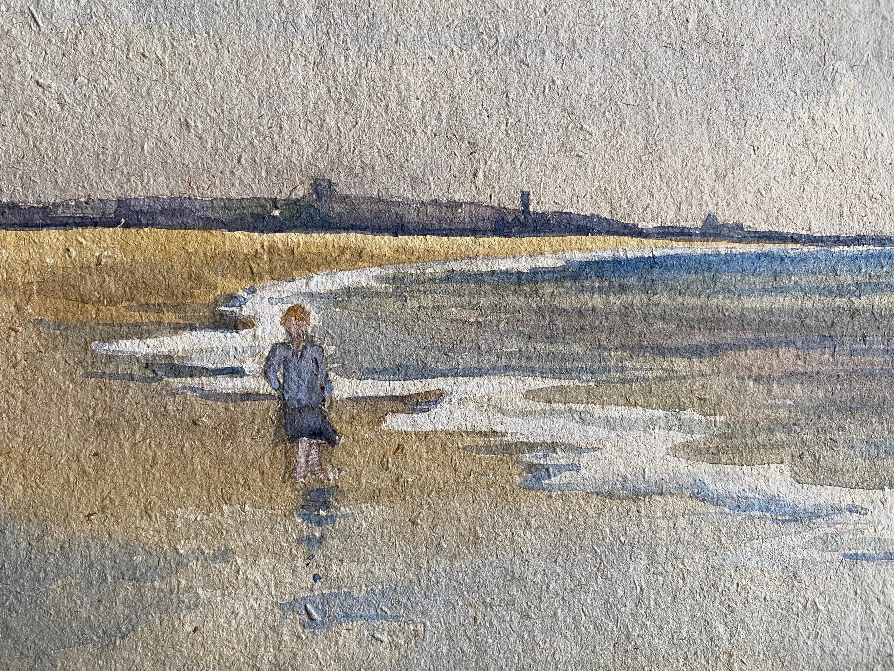 Unknown Landscape Painting - 1900
s English Impressionist Watercolor Painting Girl Walking on Beach