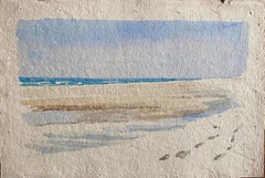 1900's English Impressionist Watercolor Painting Empty Beach Footsteps in Sand