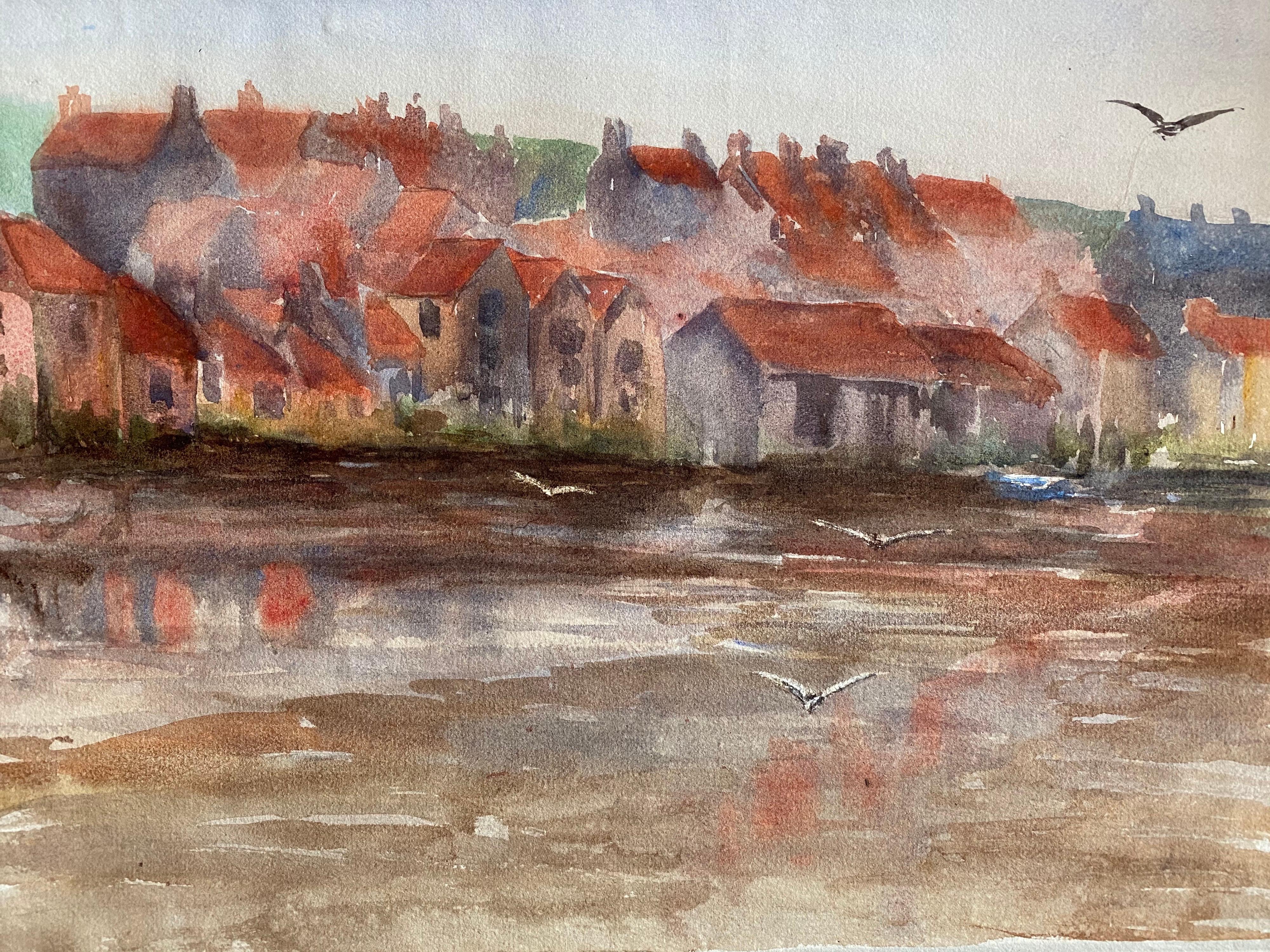 Unknown Landscape Painting - 1900's English Impressionist Watercolor Painting Rustic Scenic Beach Town  