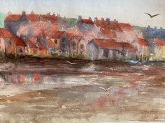 1900's English Impressionist Watercolor Painting Rustic Scenic Beach Town