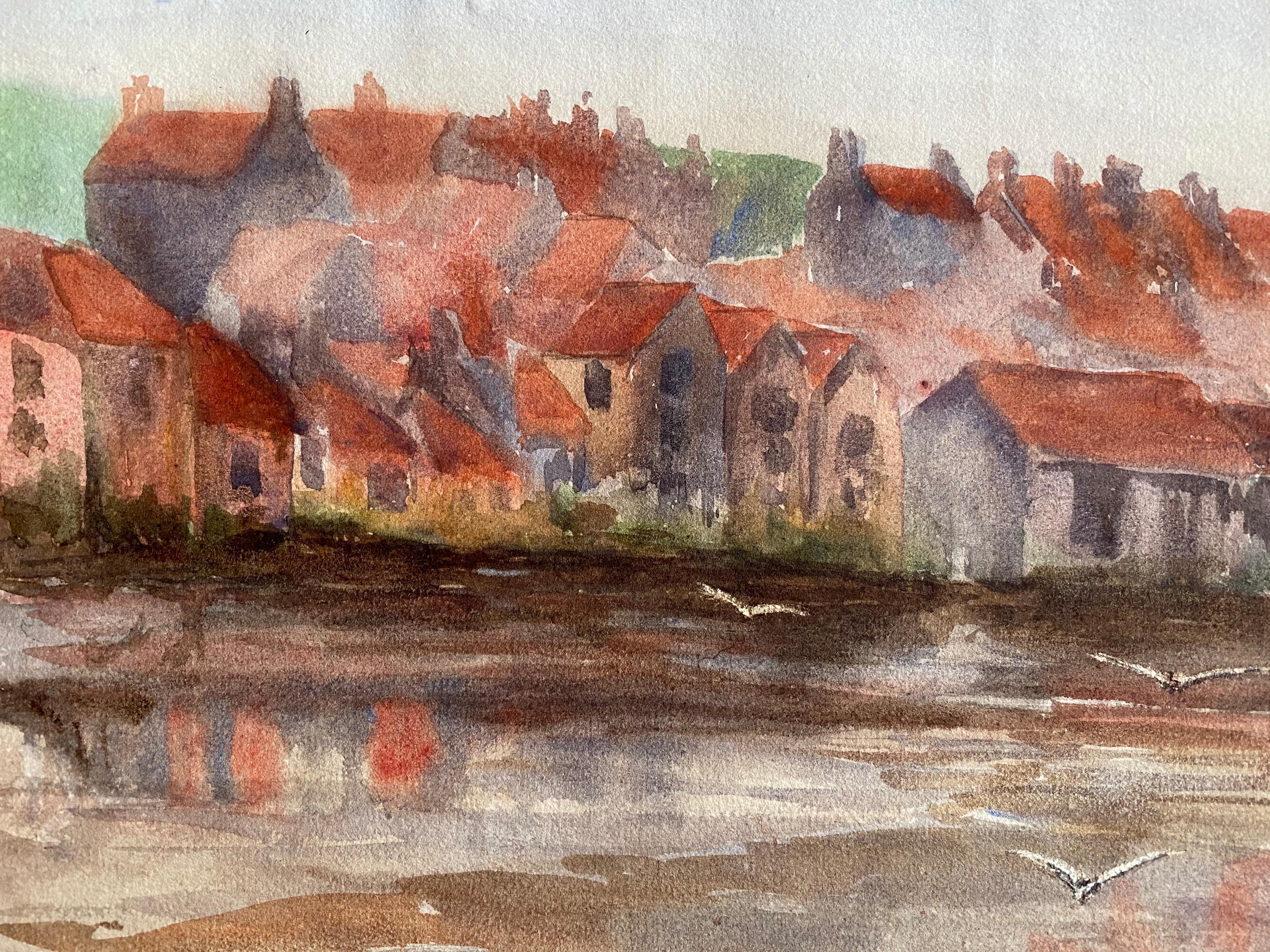 1900's English Impressionist Watercolor Painting Rustic Scenic Beach Town   - Brown Landscape Painting by Unknown