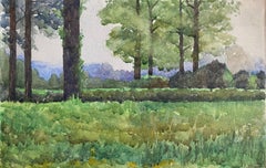1900's English Impressionist Watercolor Painting Beautiful Green Landscape Woods