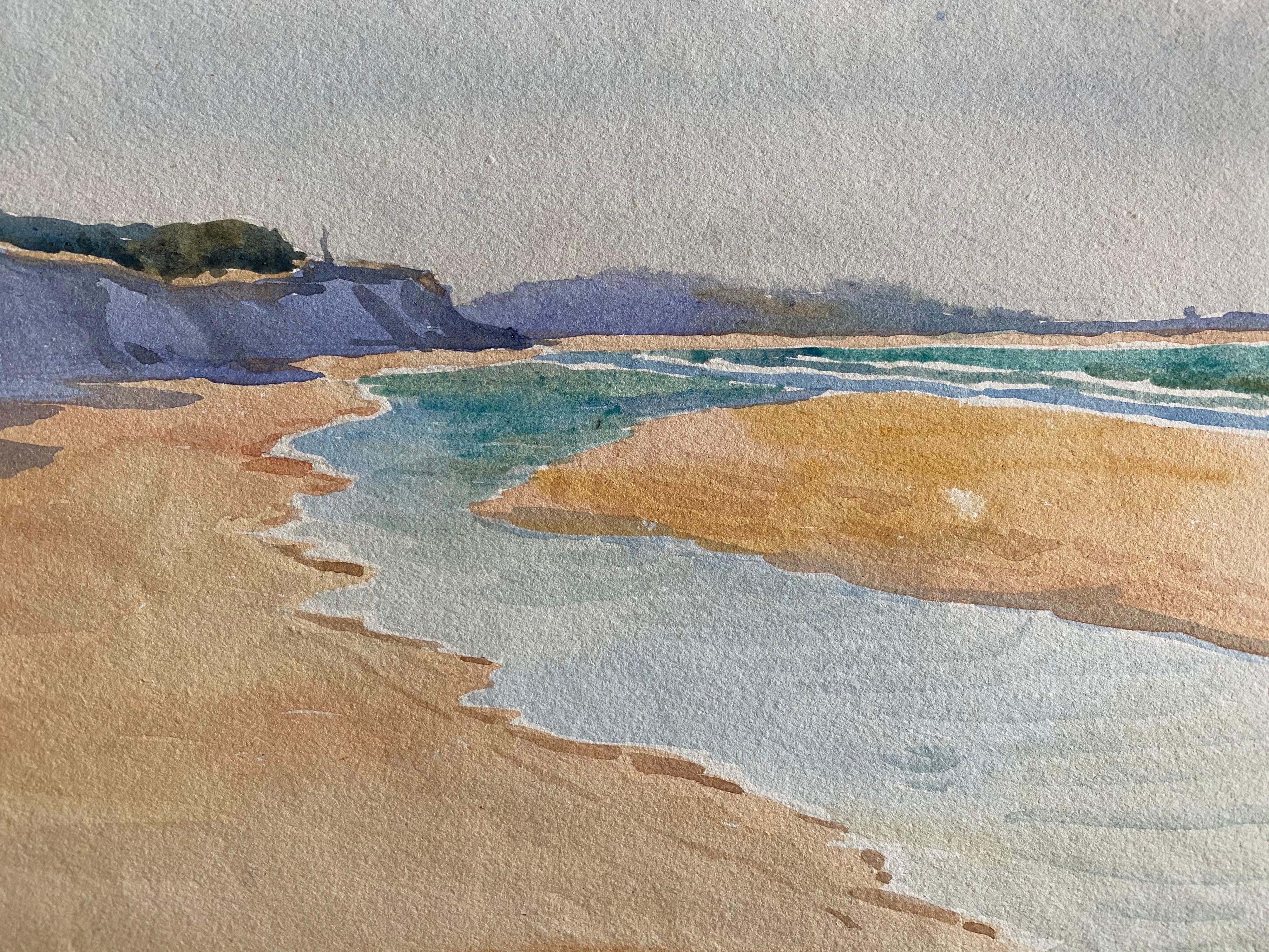 Unknown Landscape Painting - 1900's English Impressionist Watercolor Painting Stunning Sea And Sand