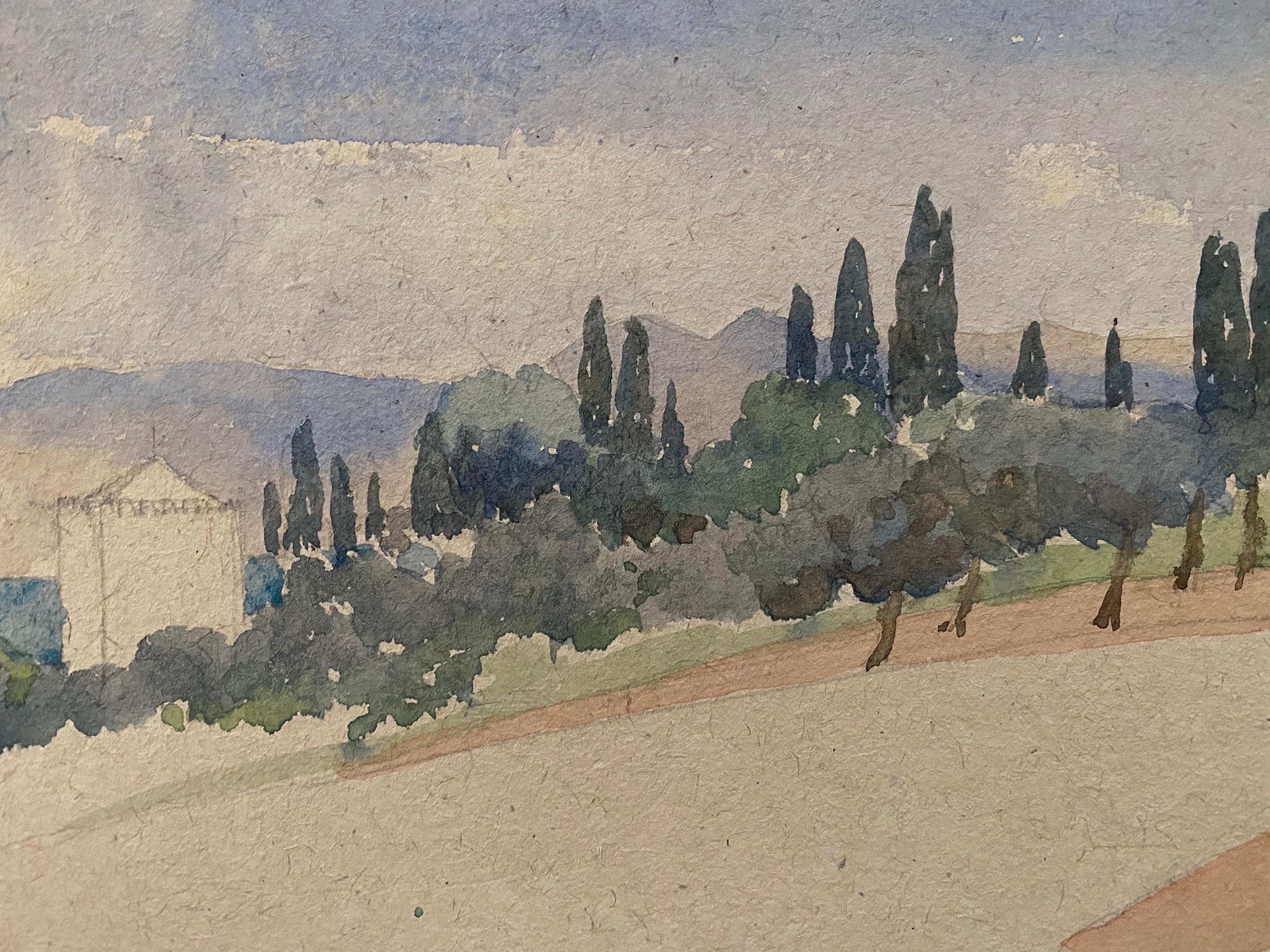 Unknown Landscape Painting - 1900's English Impressionist Watercolor Painting Beautiful Open Tuscan Landscape