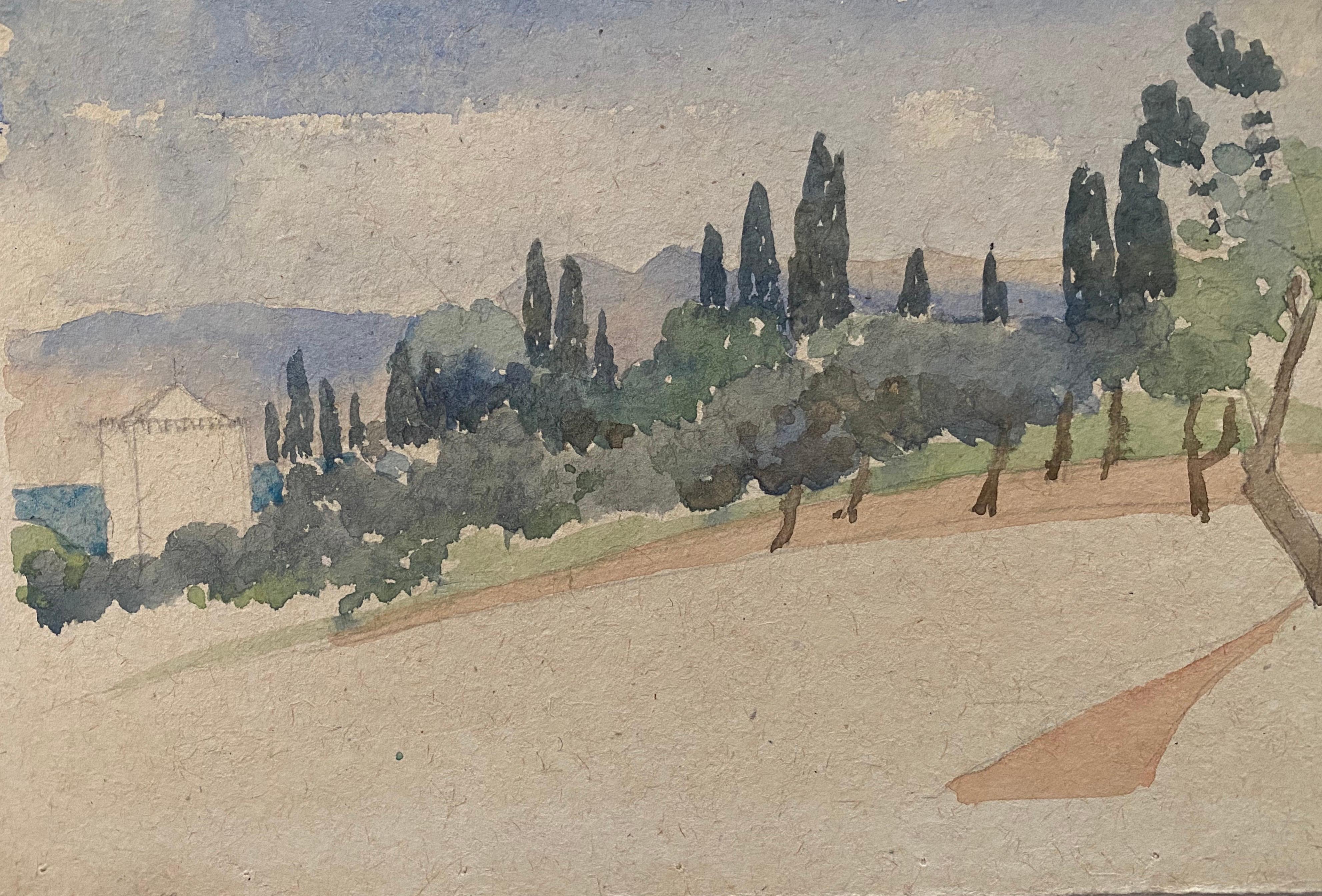 1900's English Impressionist Watercolor Painting Beautiful Open Tuscan Landscape - Brown Landscape Painting by Unknown