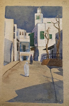 1900's English Impressionist Watercolor Painting Figures Middle Eastern Town
