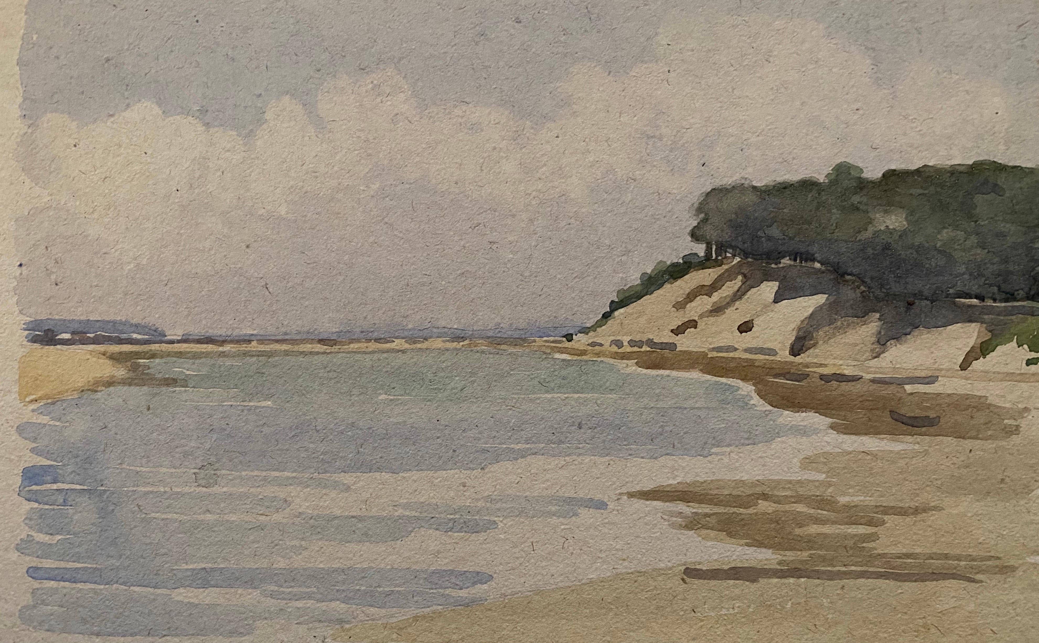 Unknown Landscape Painting - 1900's English Impressionist Watercolor Painting Hills Over Silent Sea