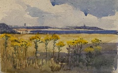 1900's English Impressionist Watercolor Painting Stunning Sunflowers Beach