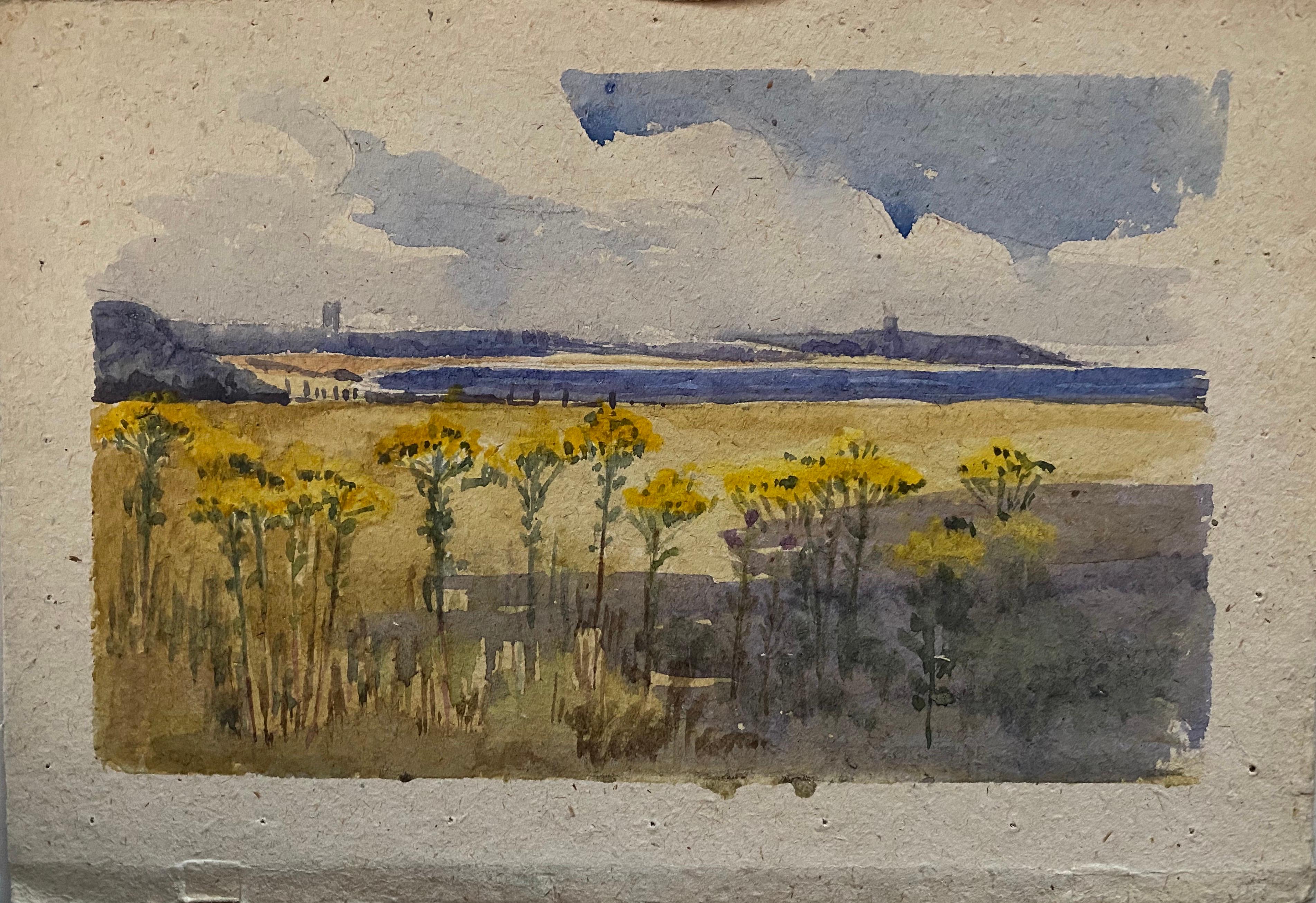 1900's English Impressionist Watercolor Painting Stunning Sunflowers Beach - Brown Landscape Painting by Unknown