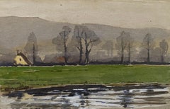 Antique 1900's English Impressionist Watercolor Painting Autumn River Cottage