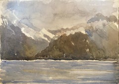 1900's English Impressionist Watercolor Painting Tranquil Hills In The Clouds