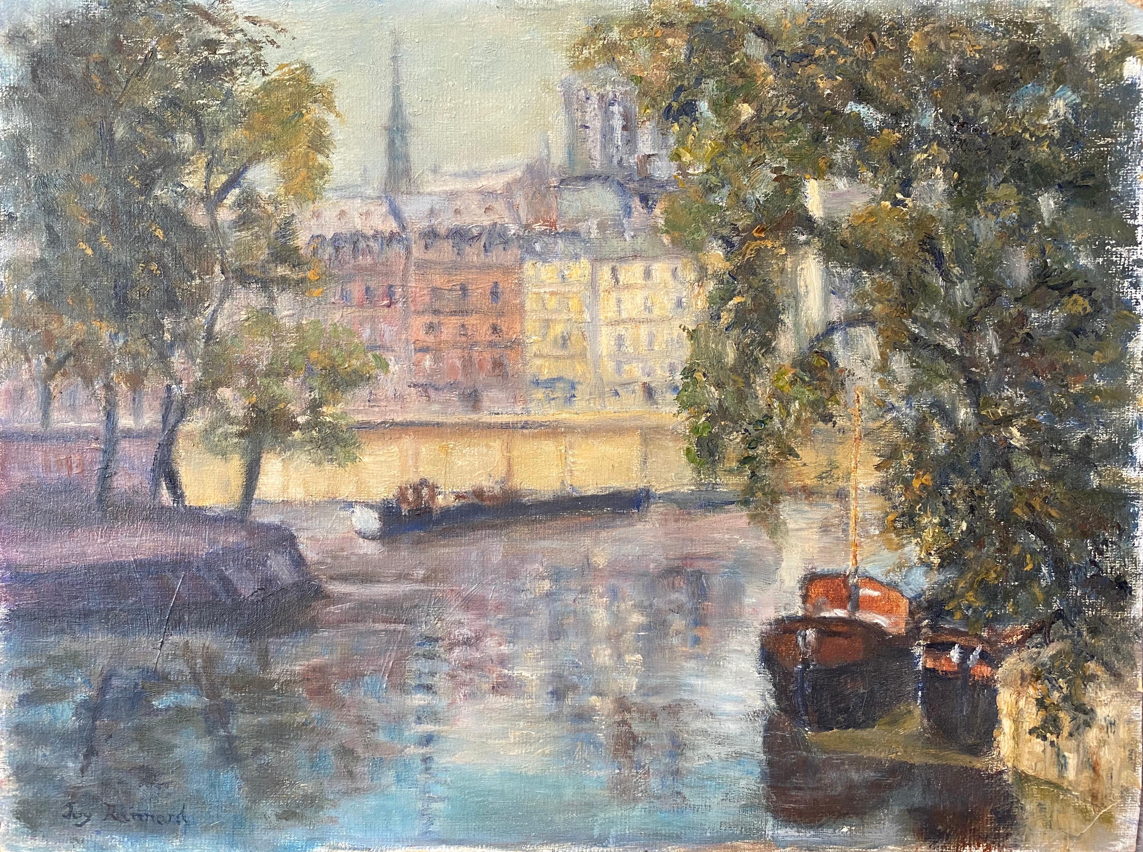Joy Rannard Landscape Painting - Mid Century English Impressionist Oil Busy City River Scene Boats and Buildings