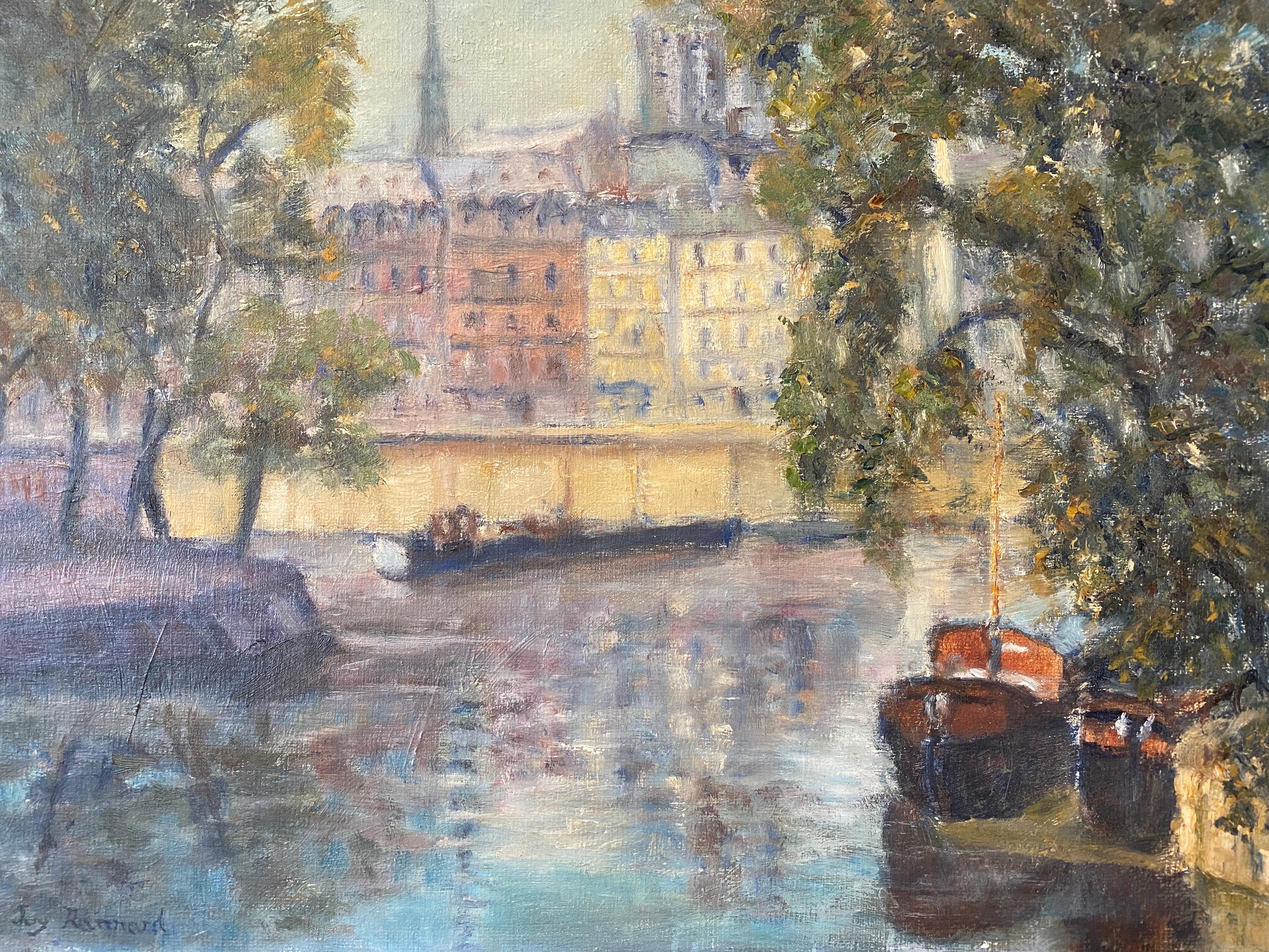 Mid Century English Impressionist Oil Busy City River Scene Boats and Buildings - Painting by Joy Rannard