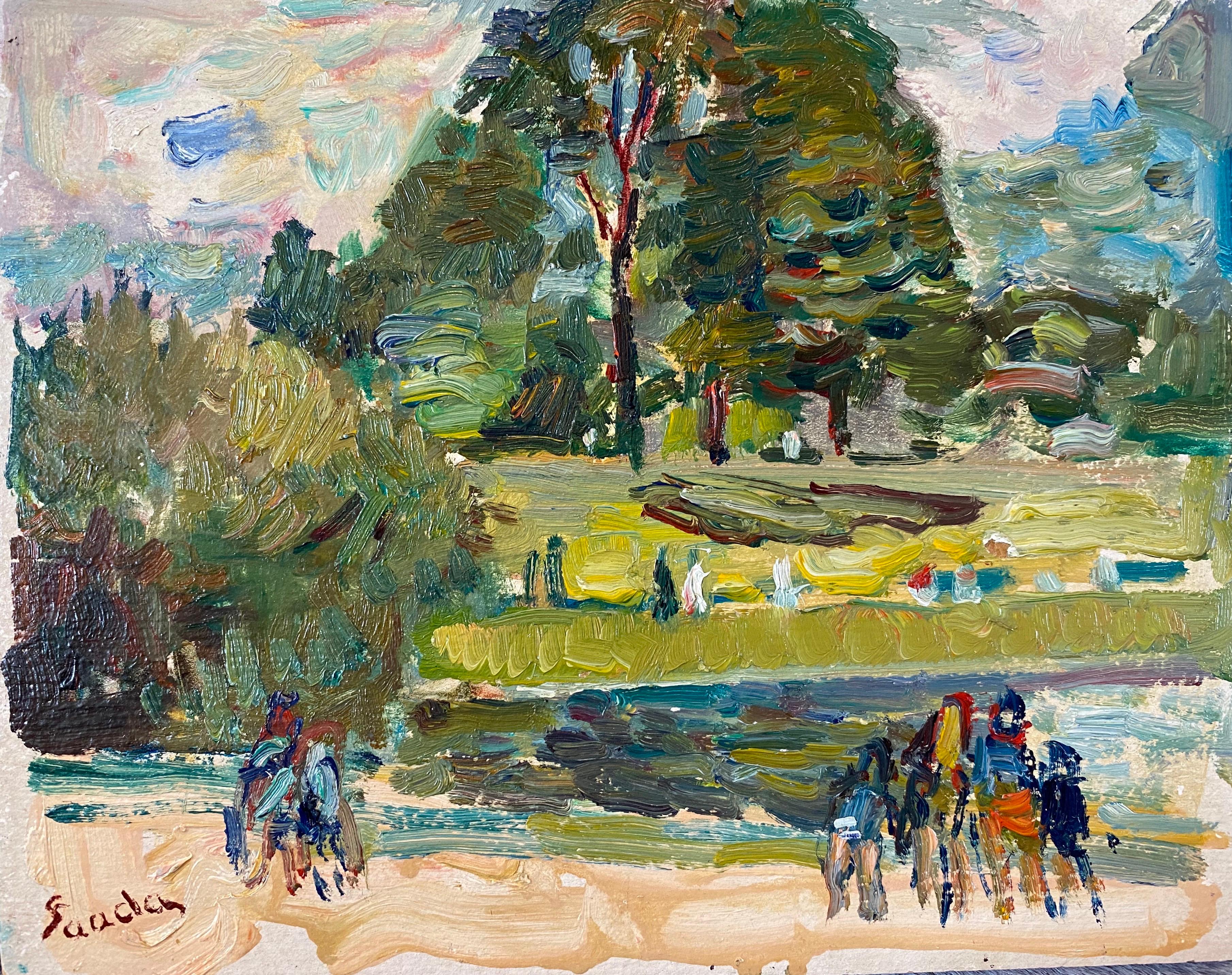 Sadda Landscape Painting - Walk In The Park French Impressionist Landscape, Signed Oil Painting