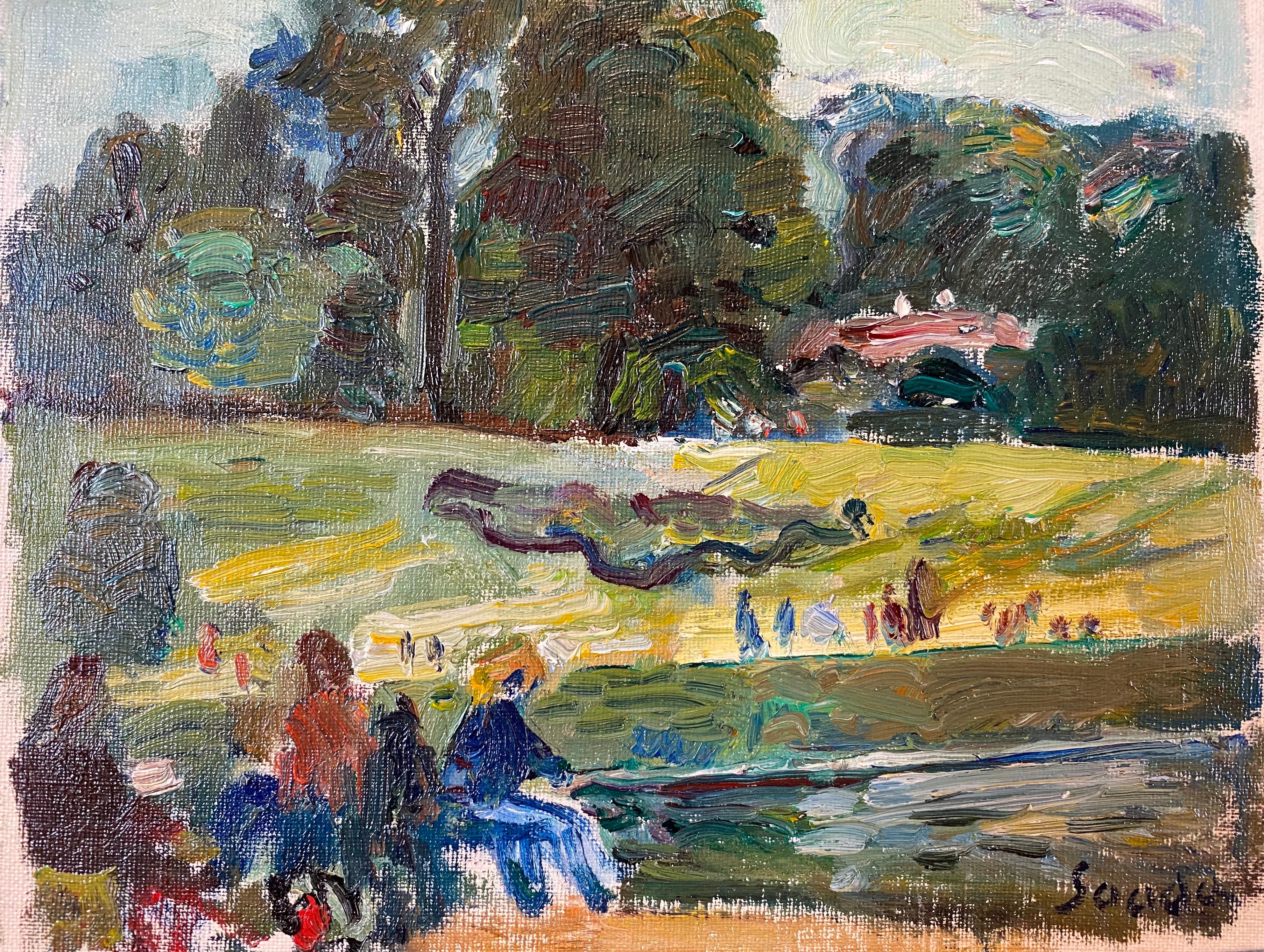 Picnic con vistas, paisaje impresionista francés, pintura al óleo firmada - Painting de Sadda