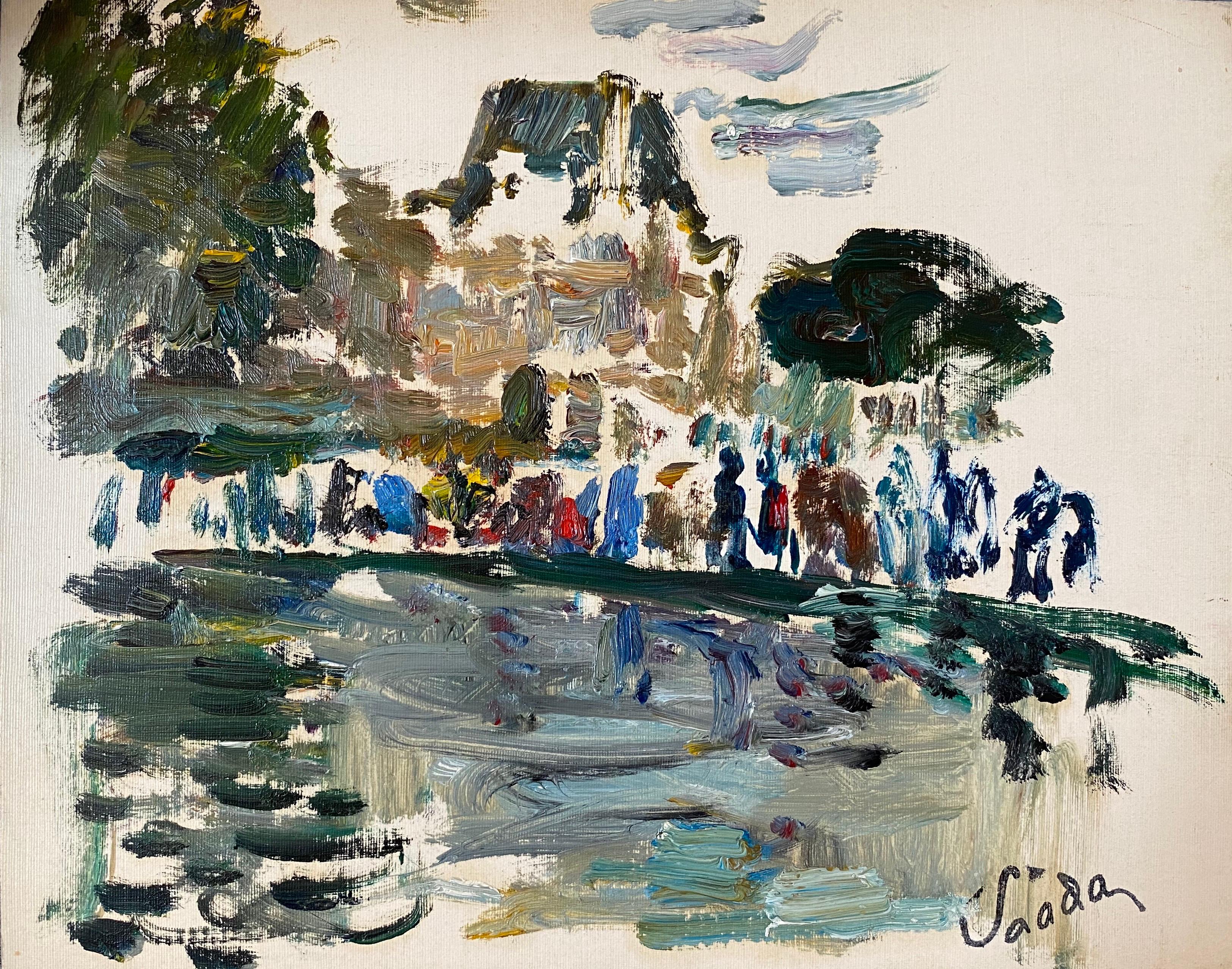Sadda Landscape Painting - Parisian Park Louvre Paris, Figures by Pond, Signed French Impressionist Oil