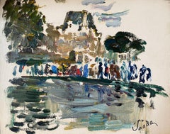 Parisian Park Louvre Paris, Figures by Pond, Signed French Impressionist Oil