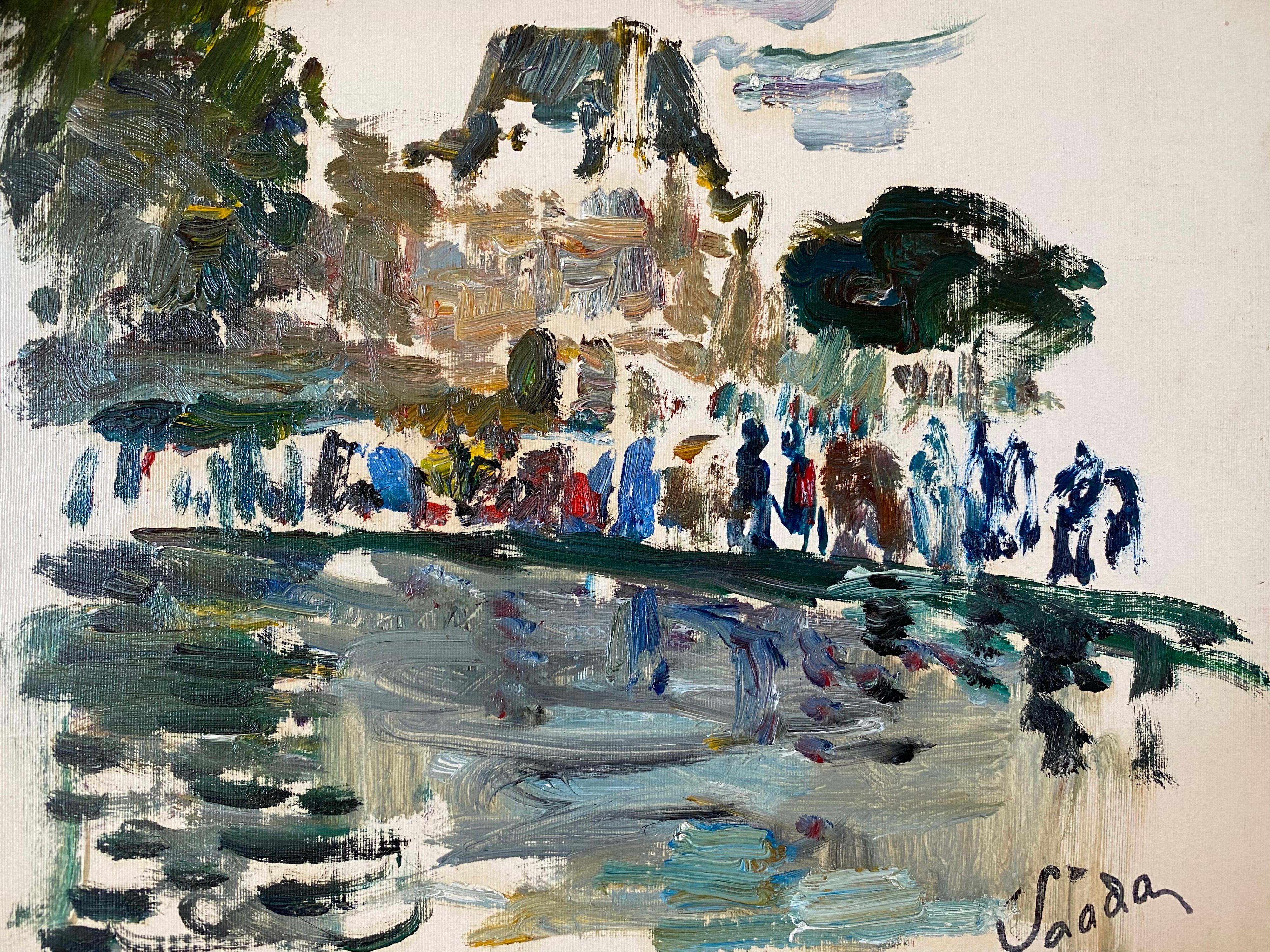 Parisian Park Louvre Paris, Figures by Pond, Signed French Impressionist Oil - Painting by Sadda