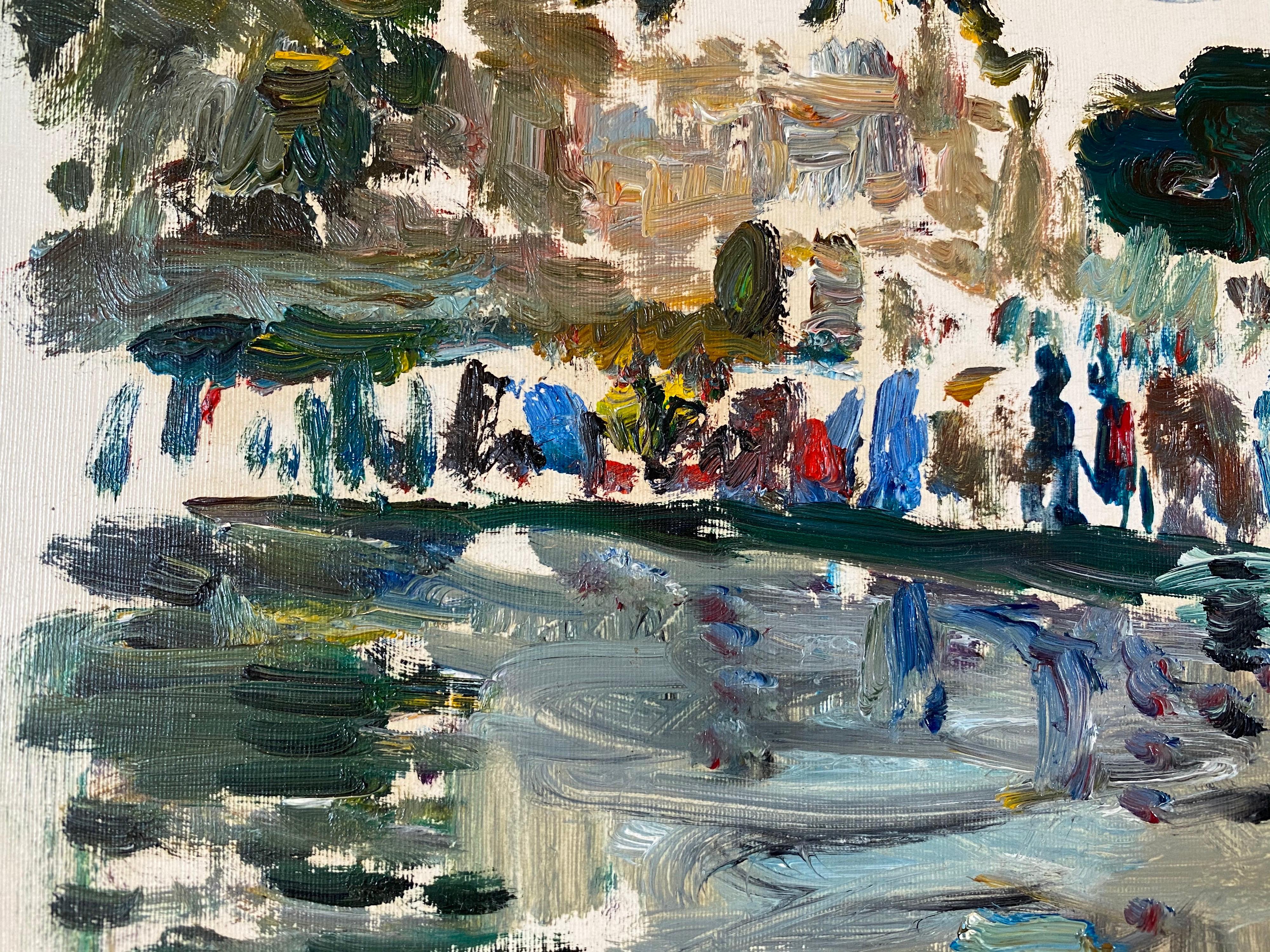 Parque parisino Louvre París, Figuras junto a estanque, Óleo impresionista francés firmado - Landscape Painting Gris de Sadda