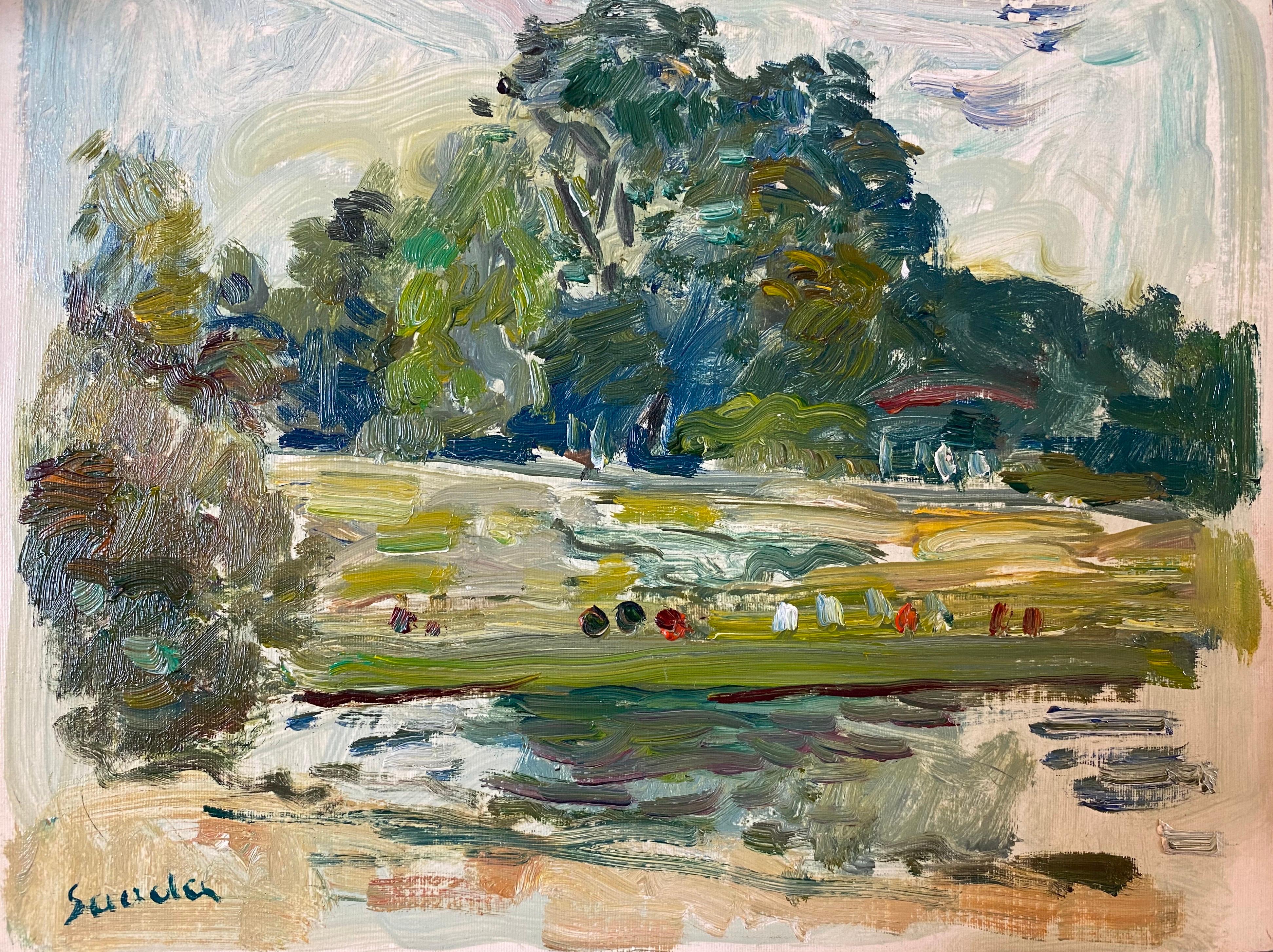 Sadda Landscape Painting - Figures in Park by Lake, French Impressionist Landscape, Signed Oil Painting