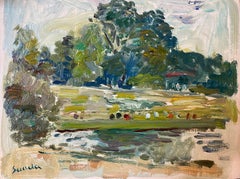 Figuren im Park am Fluss, französische impressionistische Landschaft, signiertes Ölgemälde