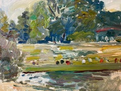Figuren im Park am Fluss, französische impressionistische Landschaft, signiertes Ölgemälde