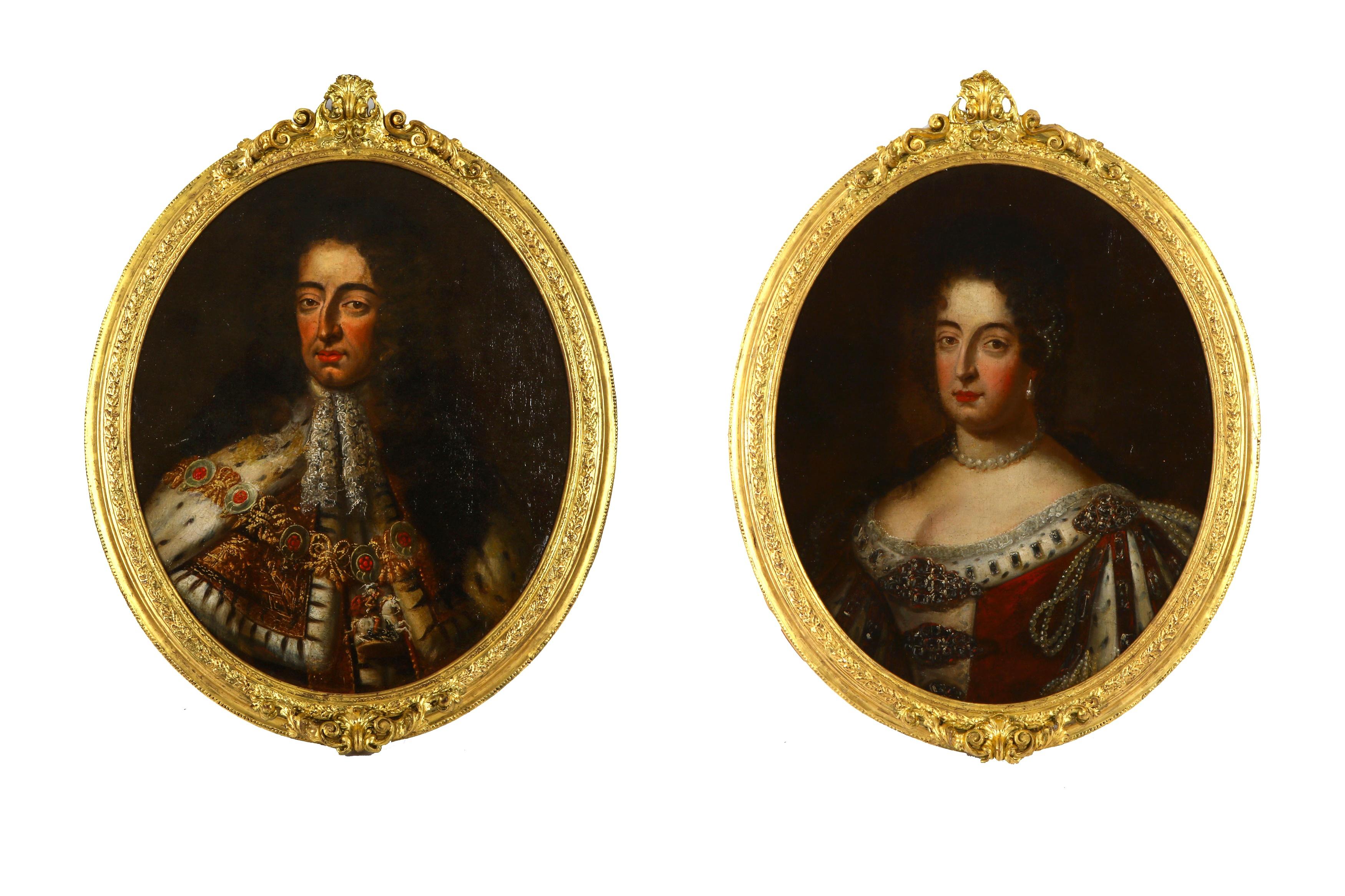 Unknown Figurative Painting - 18th Century Pair British Monarch Portrait Oil Paintings Gilt Frames