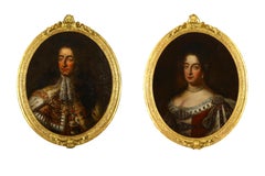 Antique 18th Century Pair British Monarch Portrait Oil Paintings Gilt Frames