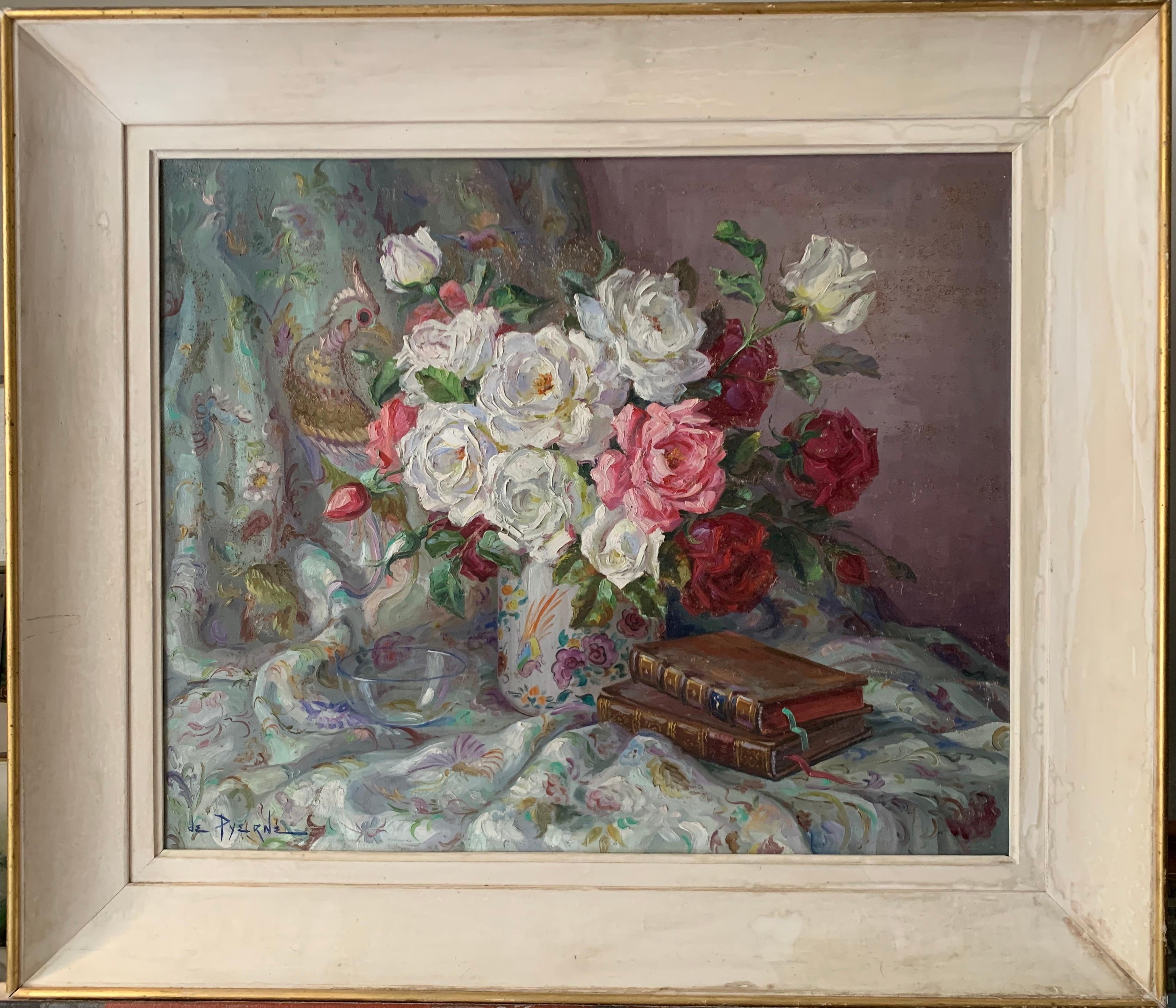 Vintage French Still Life Roses with Chinoiserie Oriental Bird Fabric Signed Oil - Painting by Reyne Marin de Pyerne