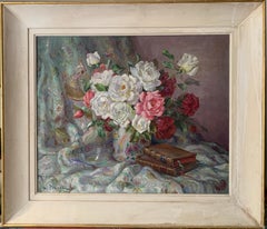 Vintage French Still Life Roses with Chinoiserie Oriental Bird Fabric Signed Oil