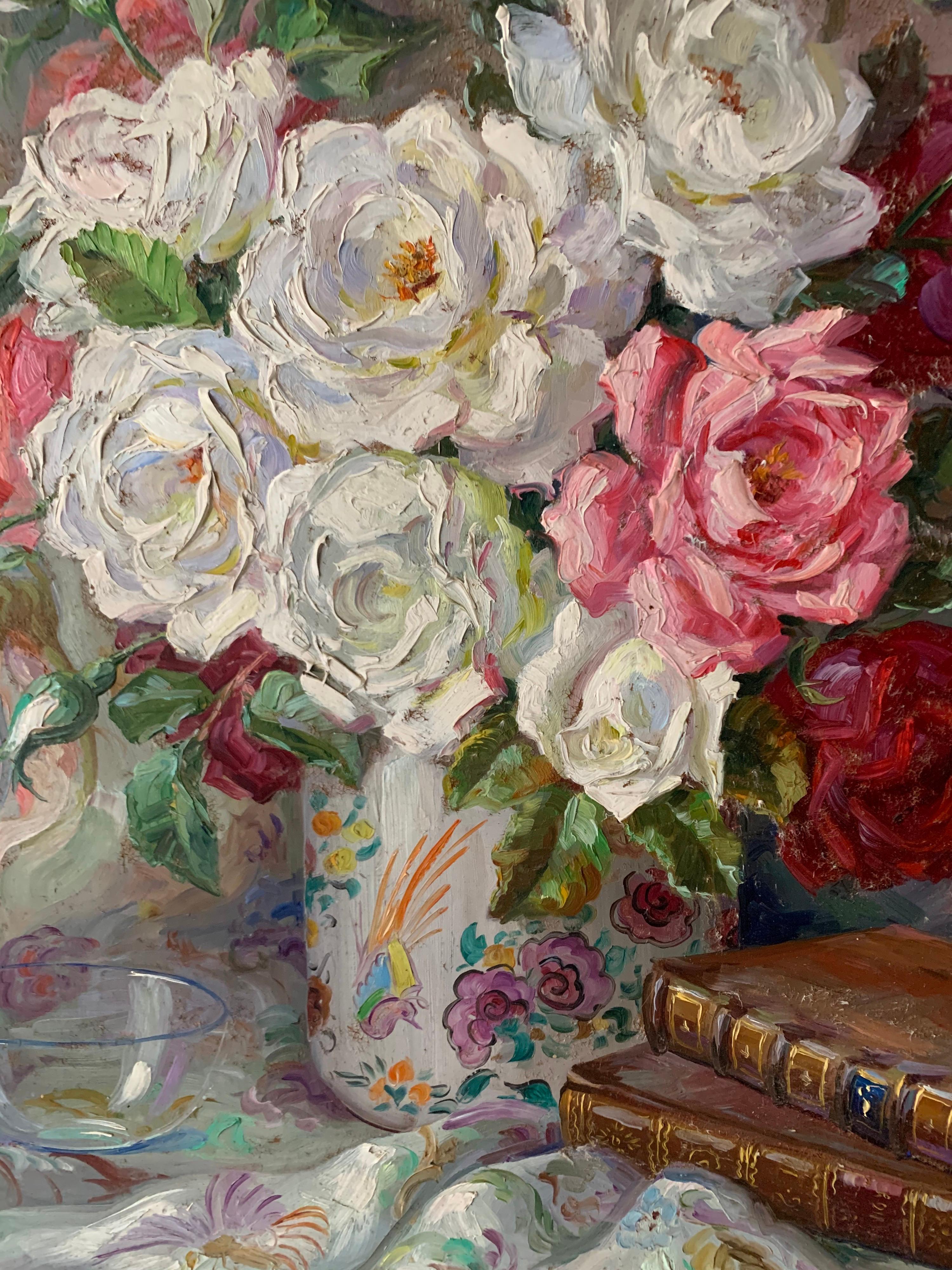 Vintage French Still Life Roses with Chinoiserie Oriental Bird Fabric Signed Oil - Gray Interior Painting by Reyne Marin de Pyerne