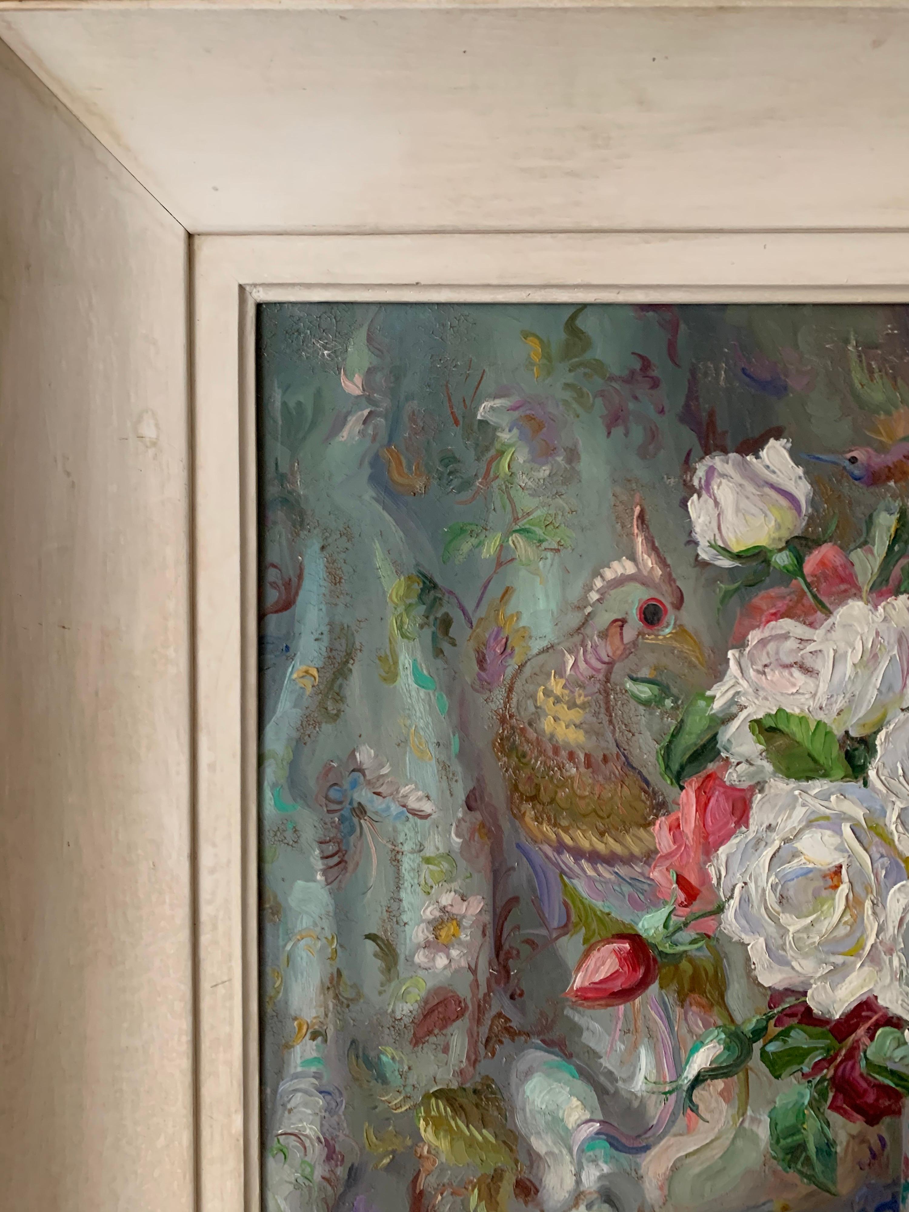 Vintage French Still Life Roses with Chinoiserie Oriental Bird Fabric Signed Oil 1