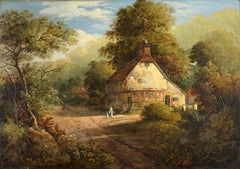 Woodland Cottage with Figure & Cart Washing Drying on Line Early Victorian Oil