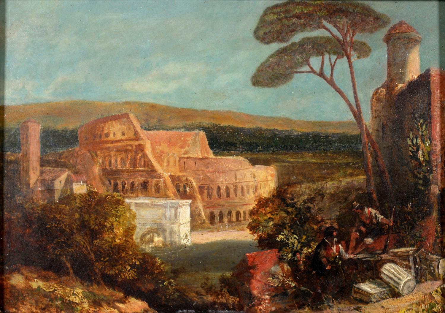 FREDERICK LEE BRIDELL (1830-1863)    Landscape Painting - Capriccio with the Colosseum and The Arch of Constantine with Figures, Oil