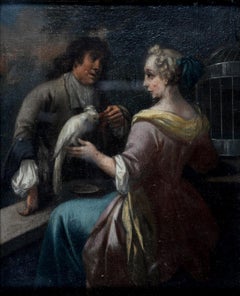 Antique Allegory of Matrimony, Fine early 1700's French Old Master Elegants with Parrot