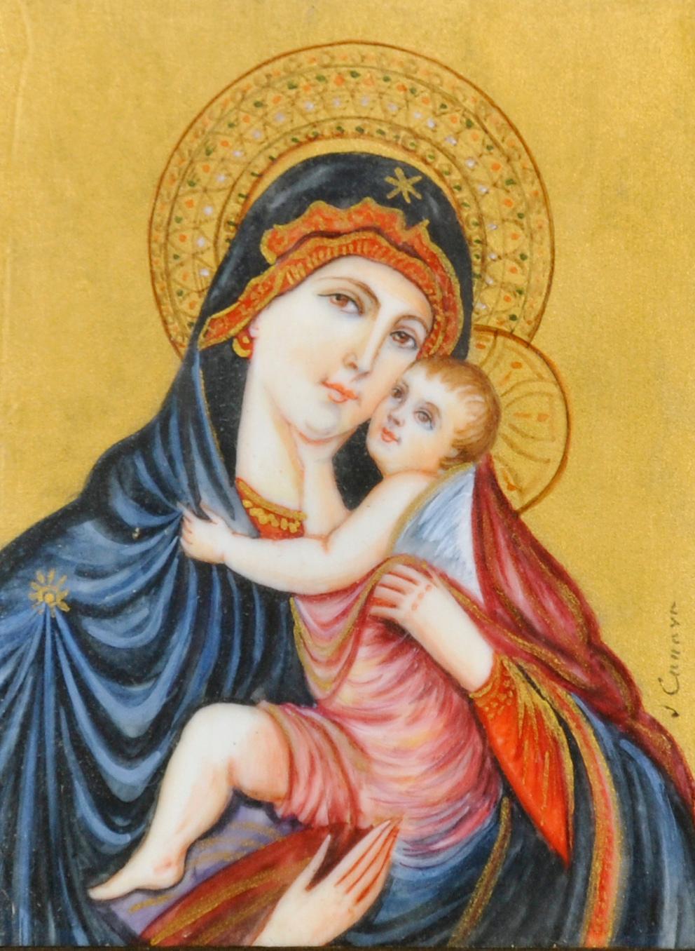 Pintura en miniatura italiana del siglo XIX La Madonna & Child, original firmada