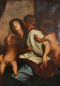 Huge 17th Century Flemish Old Master Oil Painting Penitent Magdalene Cherubs