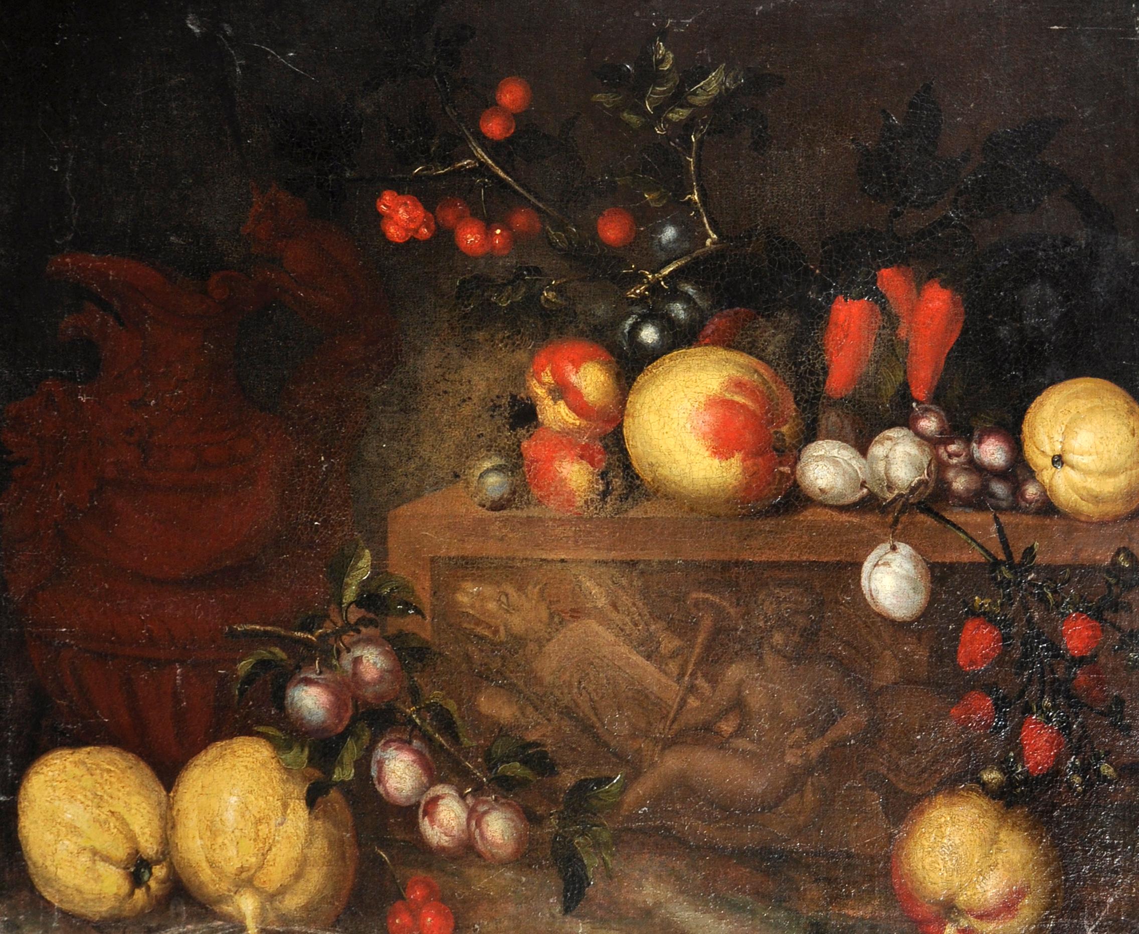 Italian Old Master Still-Life Painting - 17th Century Italian School Still Life of Fruit on a Marble Ledge with a Ewer