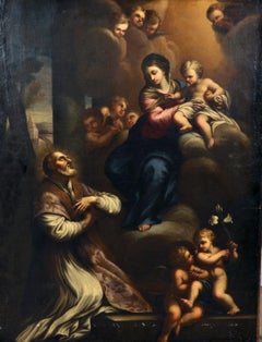 17th Century Spanish Old Master Oil Saint Joseph Mary & Christ with Cherubim