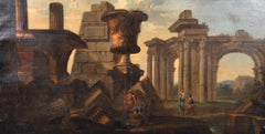 Huge 1700's Italian Old Master Oil Painting Figures before Classical Roman Ruins