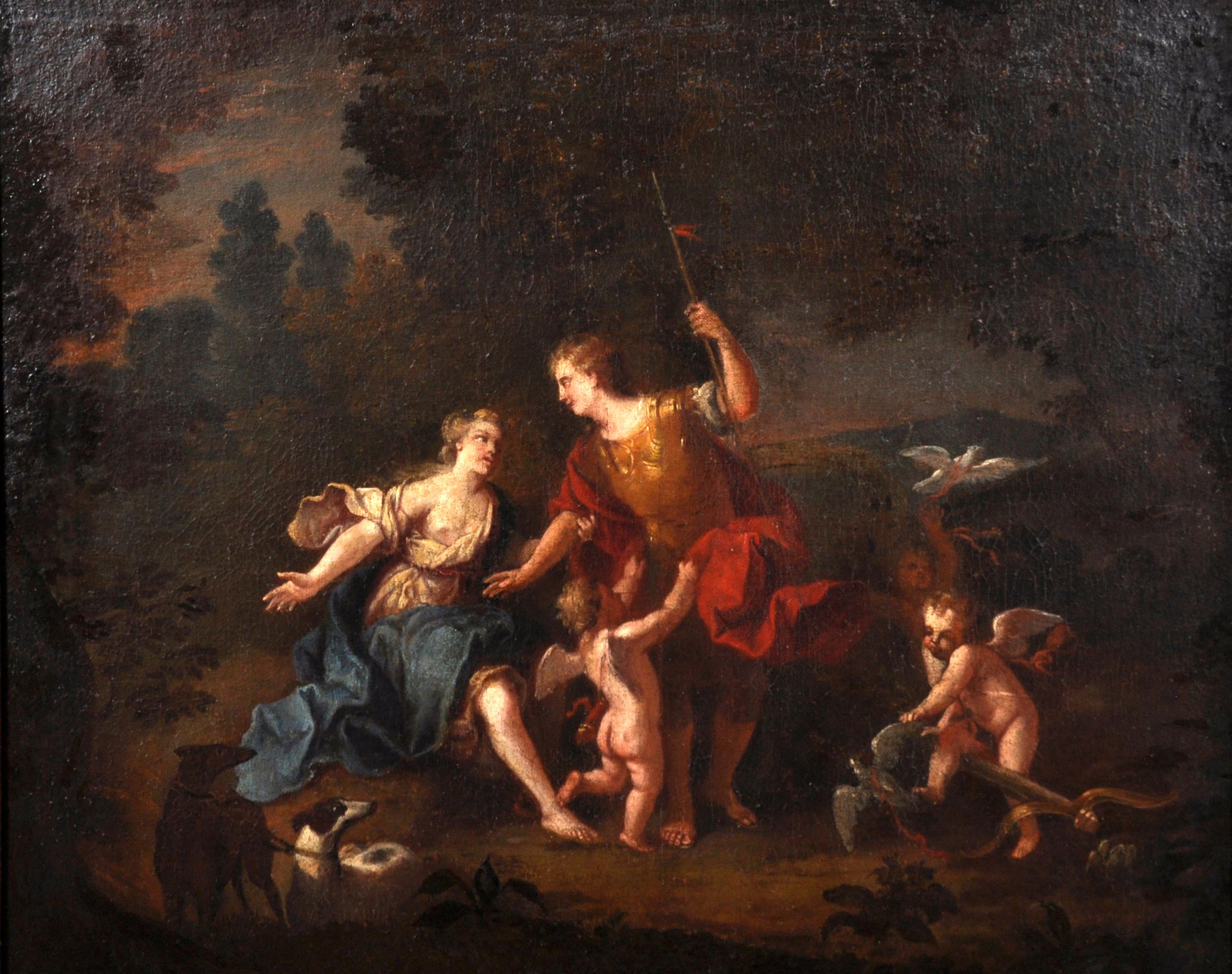 French artist Figurative Painting - 18th Century French Old Master Oil - Diana the Huntress 
Cupid Hunting Woodland