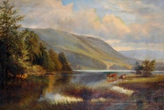 Huge Antique Highland Landscape Cattle Watering from River, oil painting 