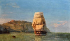 Huge Antique British Marine Oil Painting - Three Masted Tall Sailing Ship dawn